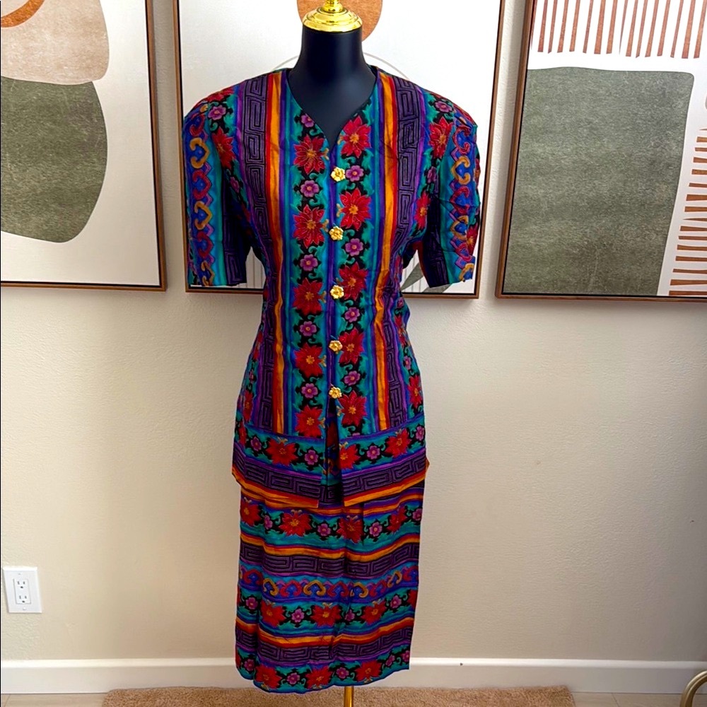 Lady Carol Vintage Blue Purple Red Button Down Shirt Skirt Set